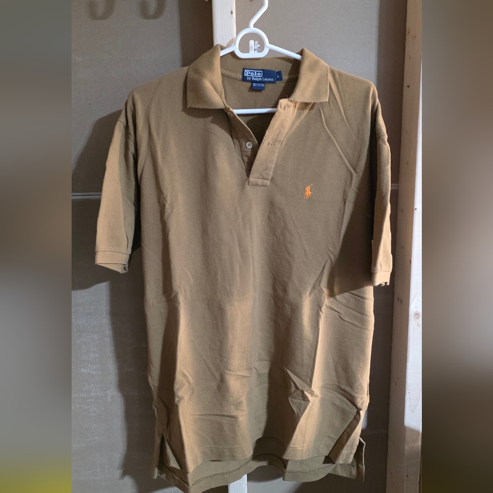 Ralph Lauren Men's Polo Shirt Tan W/ Orange Pony Large
